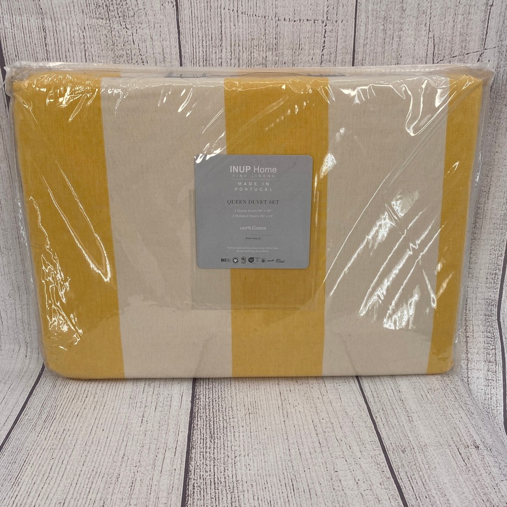 INUP Home Duvet Set Queen Yellow White Cotton Striped Portugal Bedding Bright